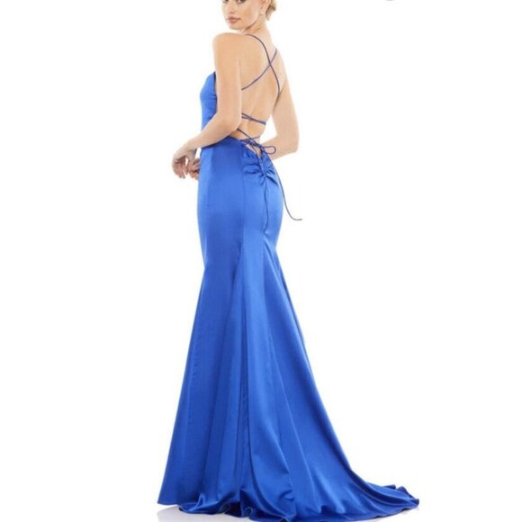 NEW Ieena For McDougal LACE UP BACK CHARMEUSE GOWN Women Size 8 Royal Color - Picture 1 of 4
